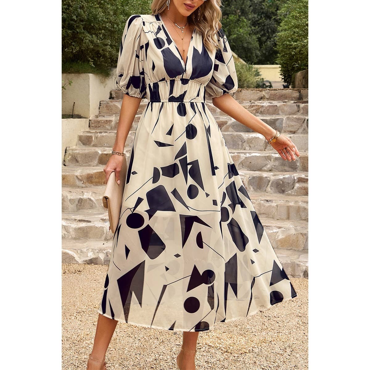 Allover Print Deep V Wide Self Belt Puff Sleeves Lined Dress