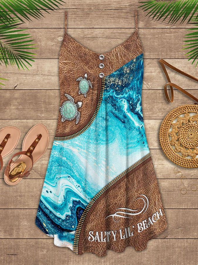 Buy 3 Get 15% Off Sea Turtle Zipper Print Spaghetti Strap Dress