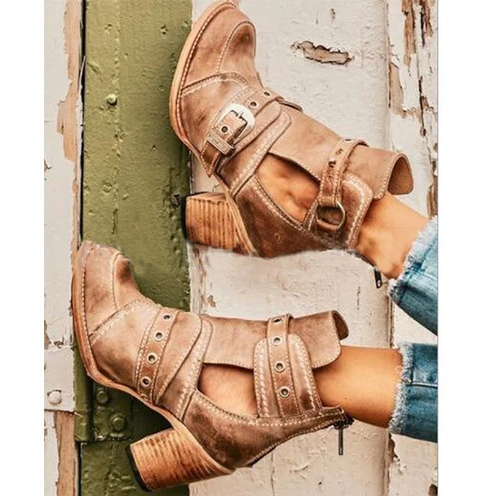Retro Block Heel Ankle Boots Ankle Strap Buckle Boots For Women Vintage Chunky Boots
