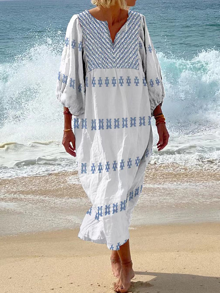 Vacation Contrast Cotton Linen Beach Style  Dress
