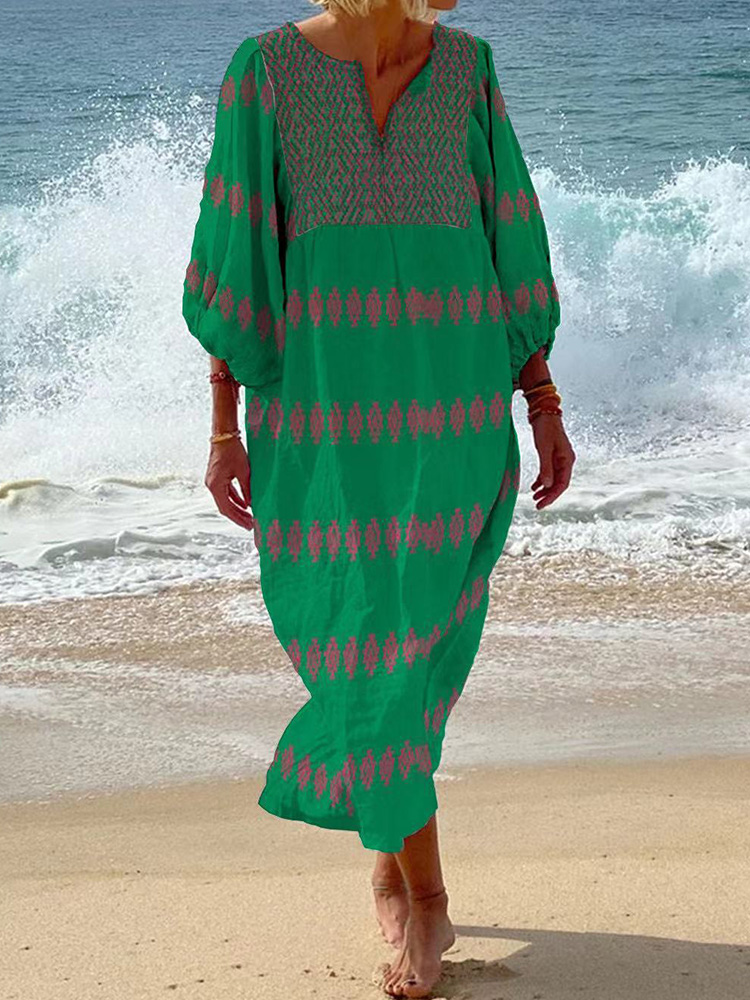 Vacation Contrast Cotton Linen Beach Style  Dress