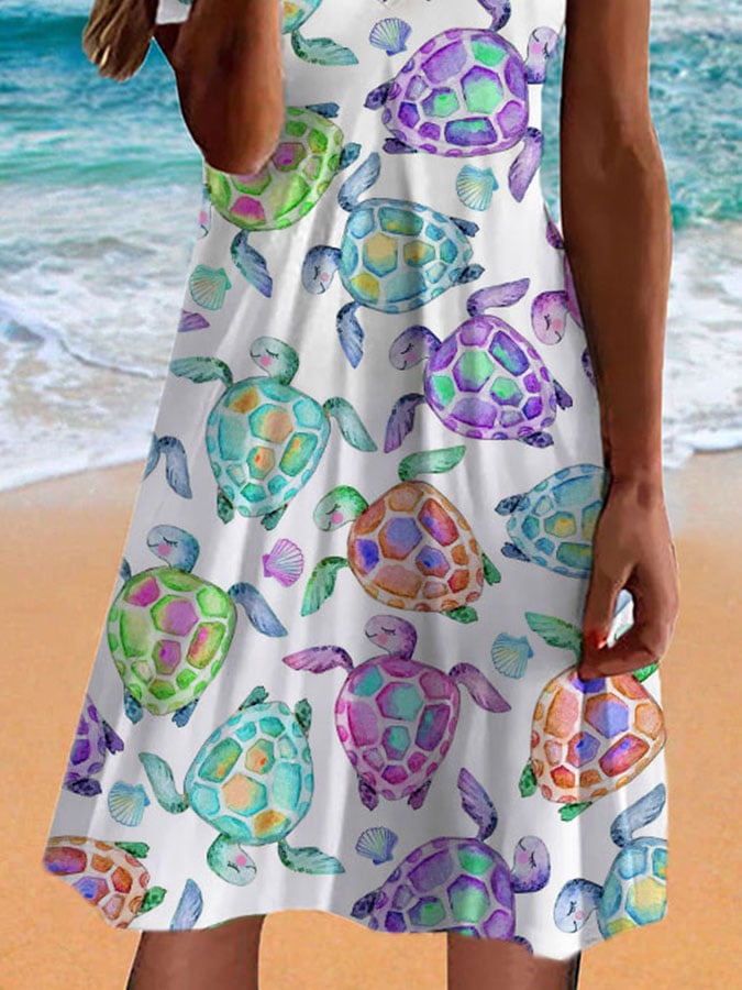 Buy 3 Get 15% Off V Neck Sea Turtle Print Dress