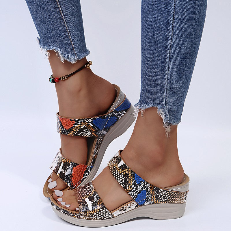 2024 🌹 New Leopard Print Leather Wedge Soft Sole Sandals