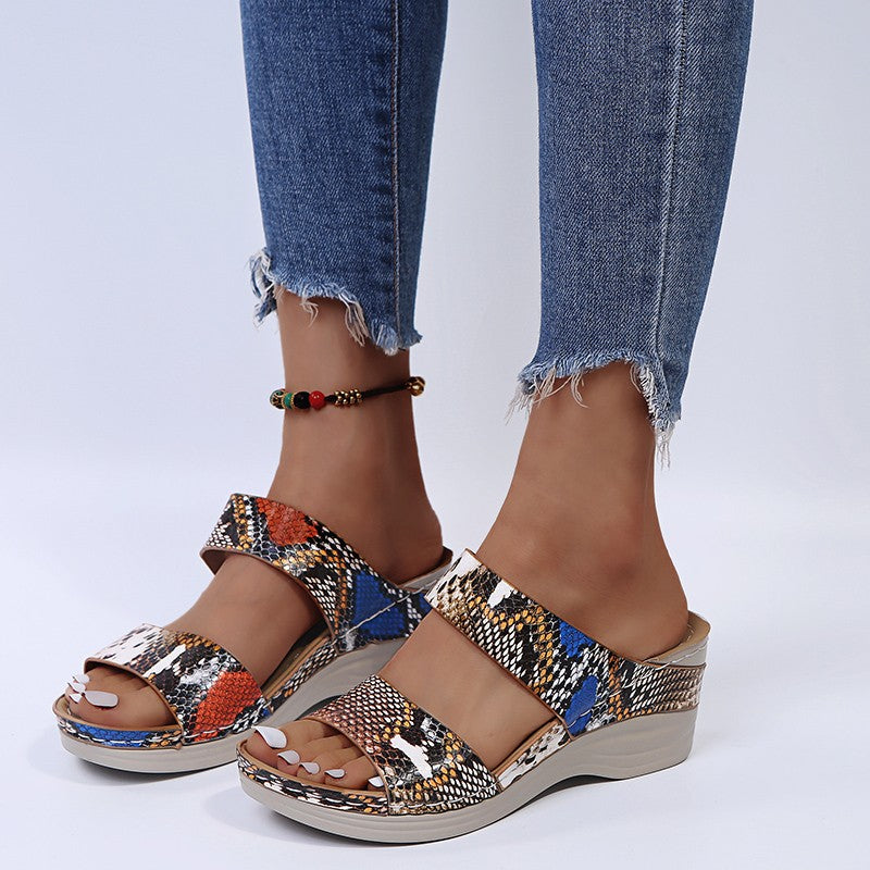 2024 🌹 New Leopard Print Leather Wedge Soft Sole Sandals