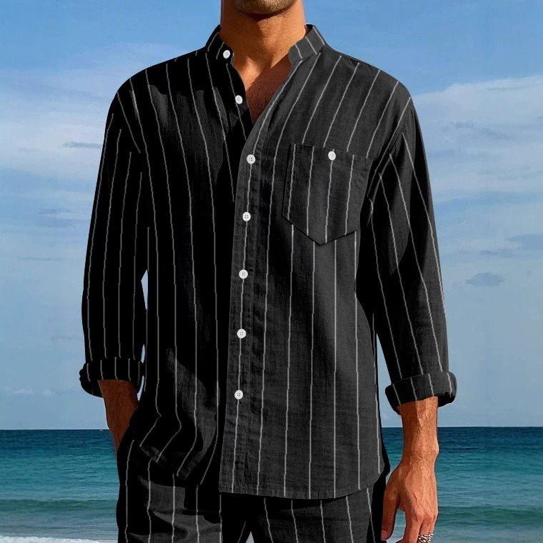 Men's Linen Fashion Striped Stand Collar Loose Breathable Shirt