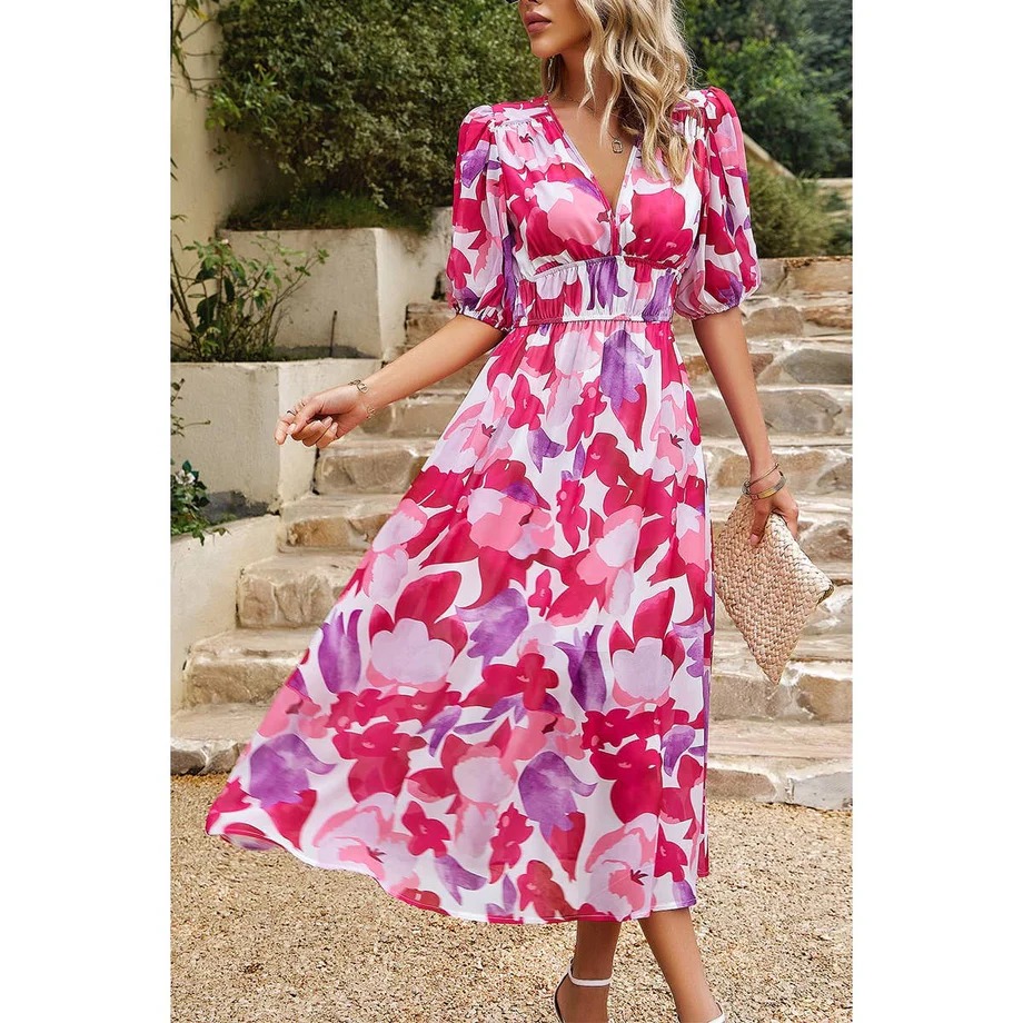 Allover Print Deep V Wide Self Belt Puff Sleeves Lined Dress
