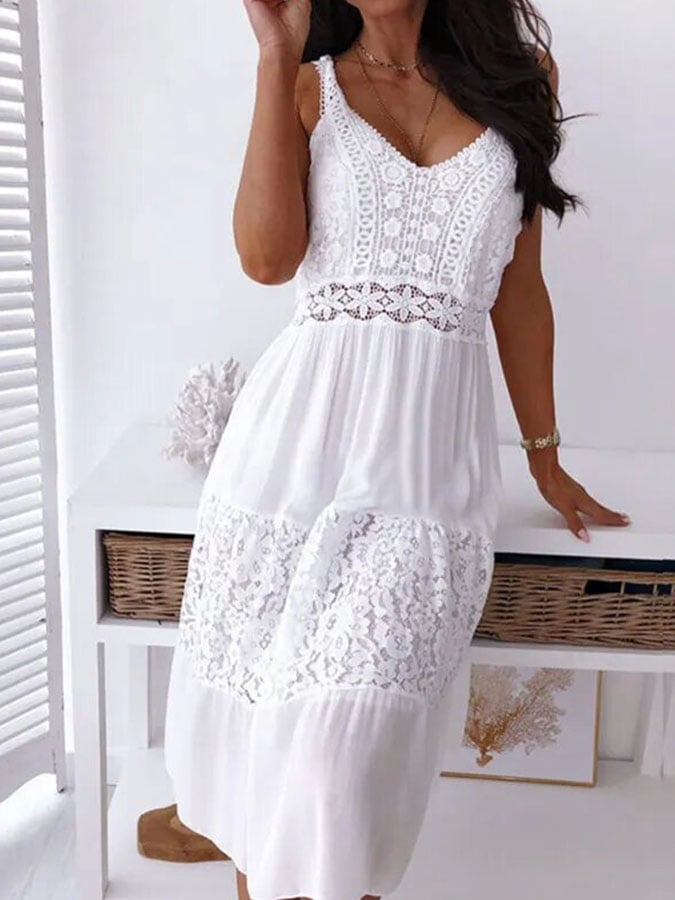 Buy 3 Get 15% Off V-Neck Suspenders Hollow Lace Dress