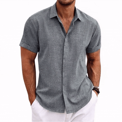 Men's Solid Color Lapel Cotton Linen Short Sleeve Shirt