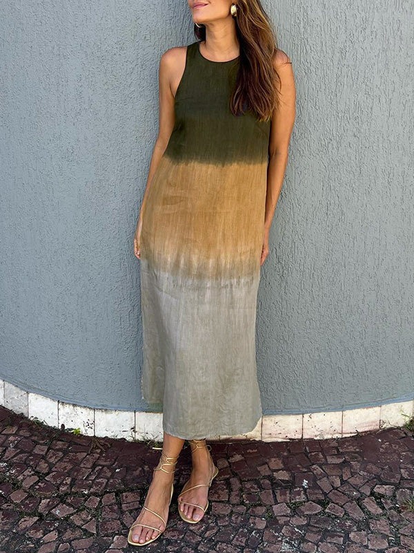 Women's elegant casual cotton and linen sleeveless slit gradient tie-dye long dress