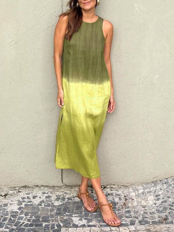 Women's elegant casual cotton and linen sleeveless slit gradient tie-dye long dress