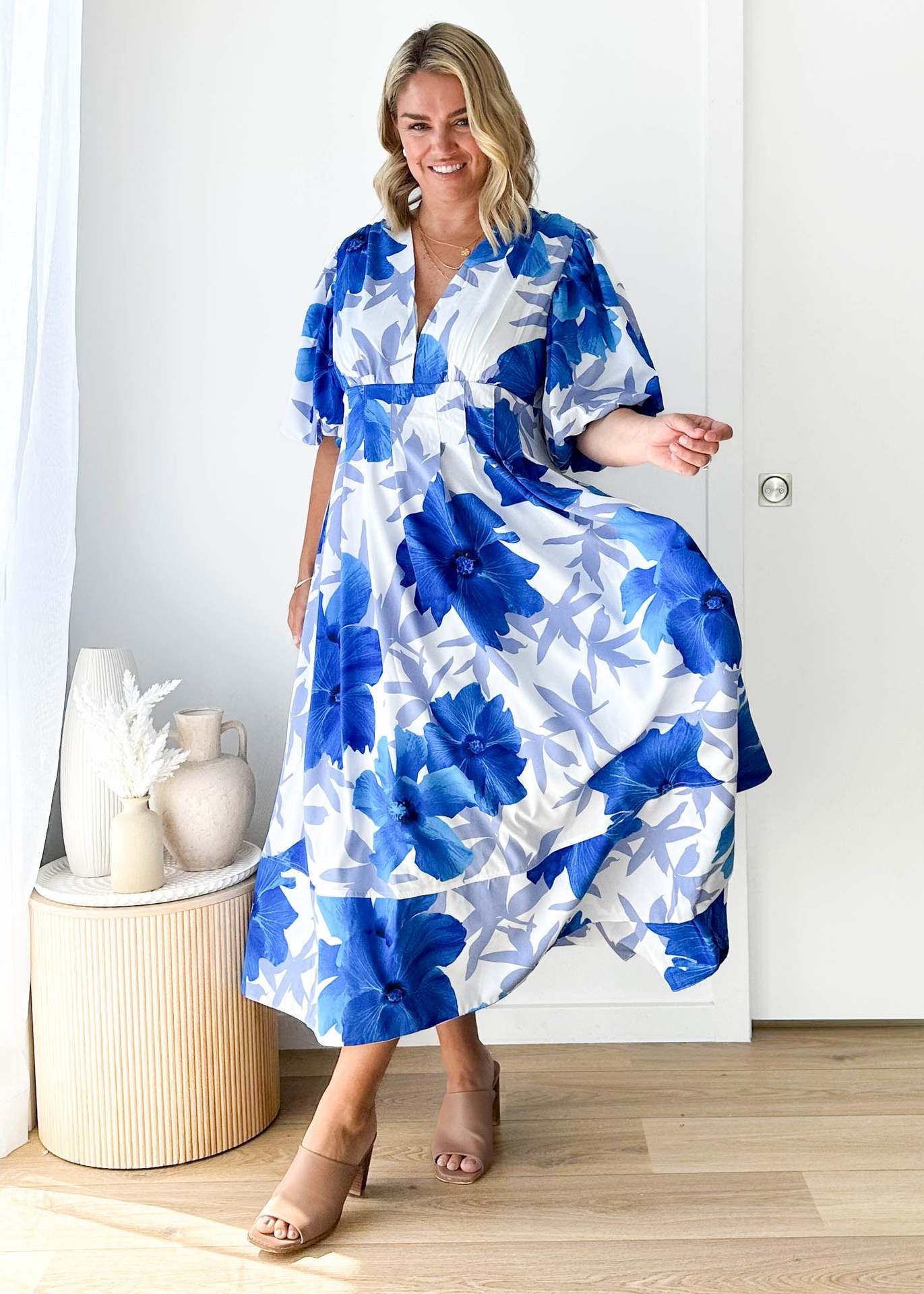 Floral Print Puff Sleeve A-Line Maxi Dress