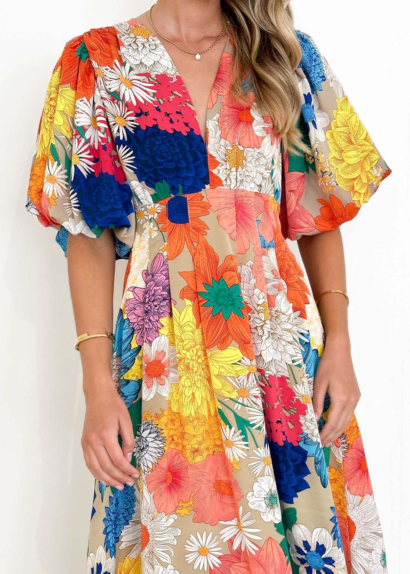 Floral Print Puff Sleeve A-Line Maxi Dress