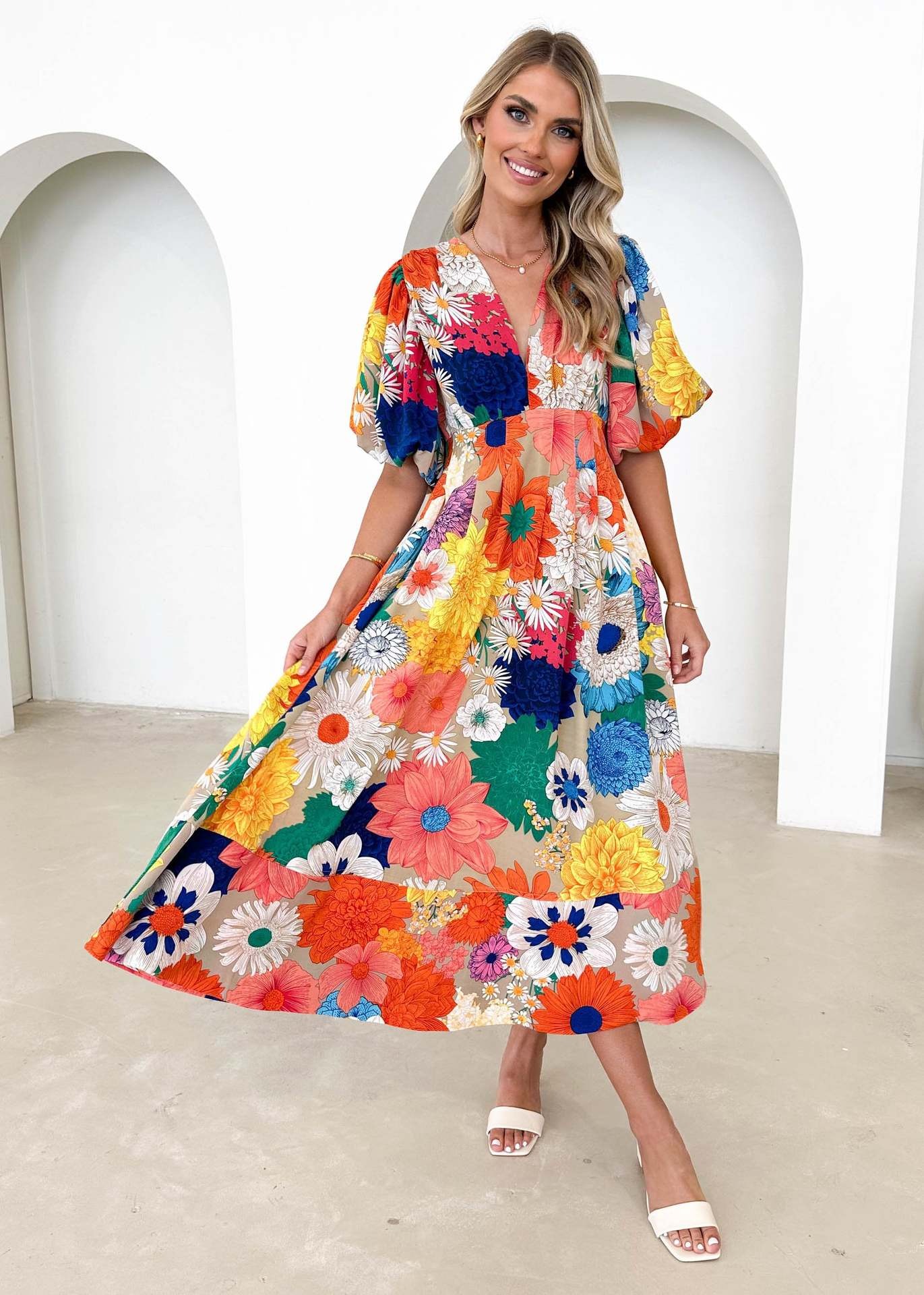 Floral Print Puff Sleeve A-Line Maxi Dress