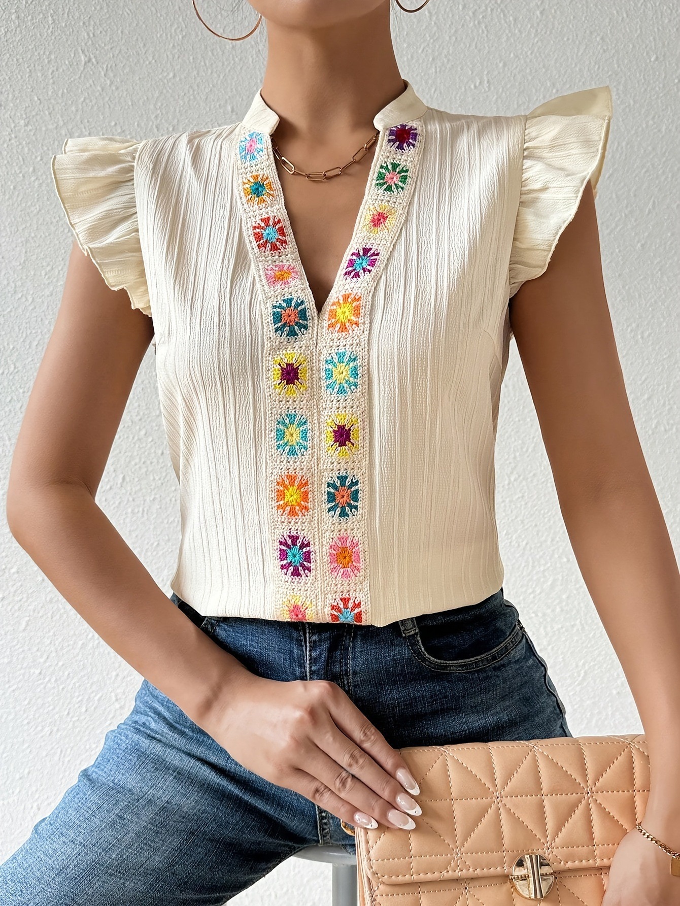 Embroidered Cap Sleeve Notched Blouse