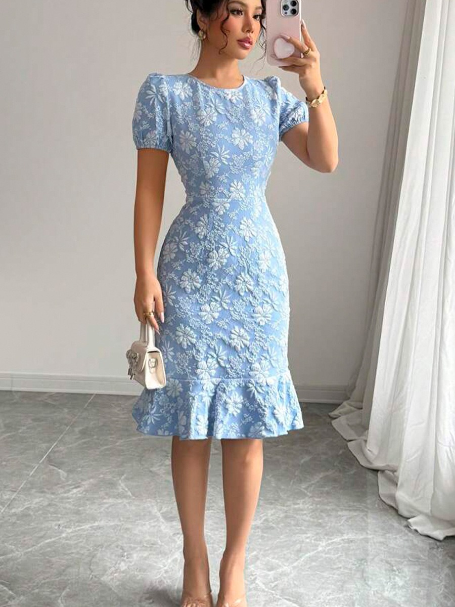 Floral Pattern Round Neck Puff Sleeve Fitted Midi Dress