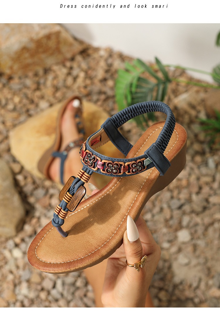 Women's Bohemian Embroidered T-Strap Wedge Sandals
