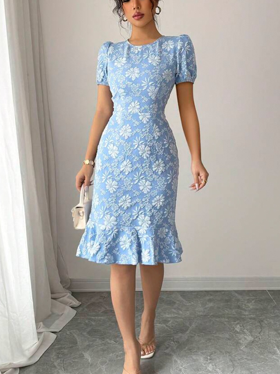Floral Pattern Round Neck Puff Sleeve Fitted Midi Dress