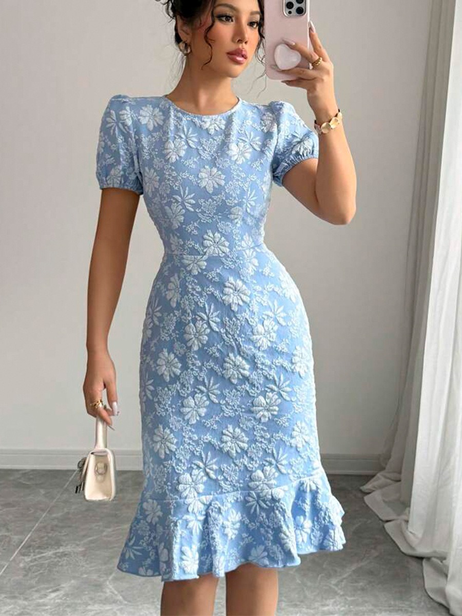 Floral Pattern Round Neck Puff Sleeve Fitted Midi Dress