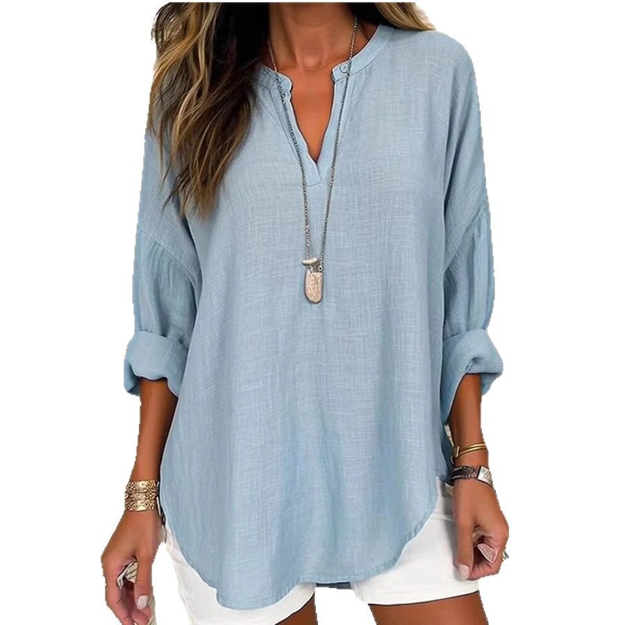 Blue Linen Long Sleeve Casual V Neck Top