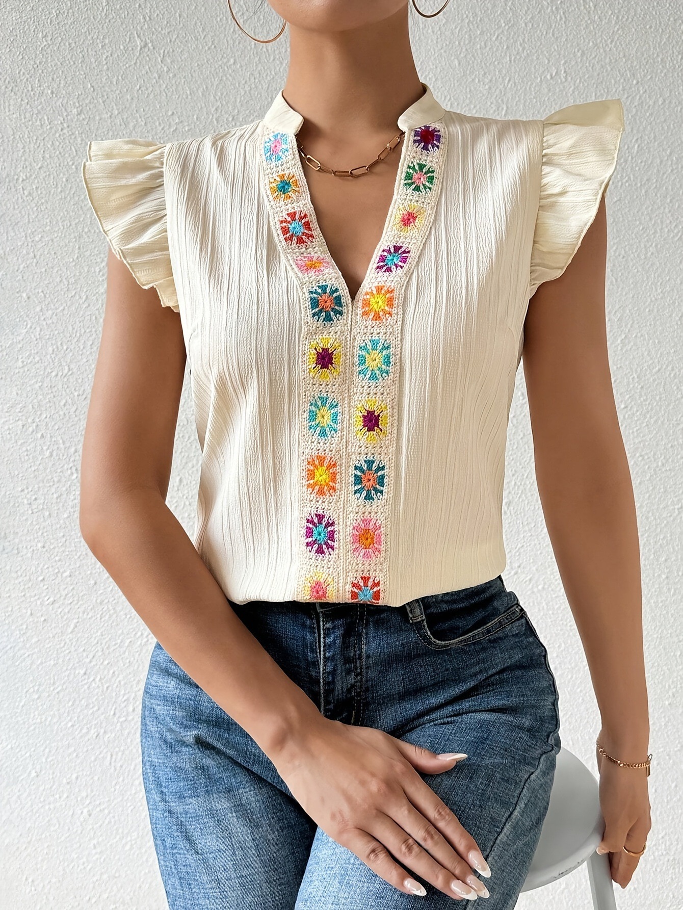 Embroidered Cap Sleeve Notched Blouse