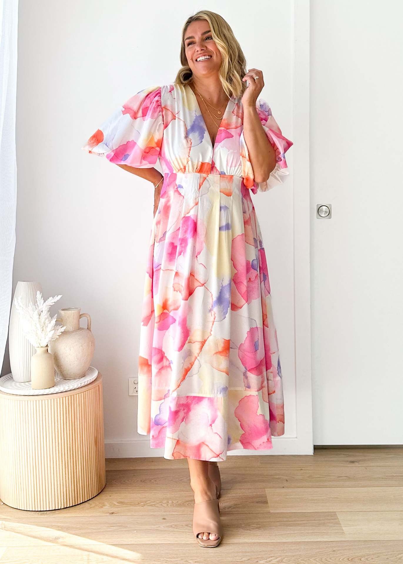 Floral Print Puff Sleeve A-Line Maxi Dress