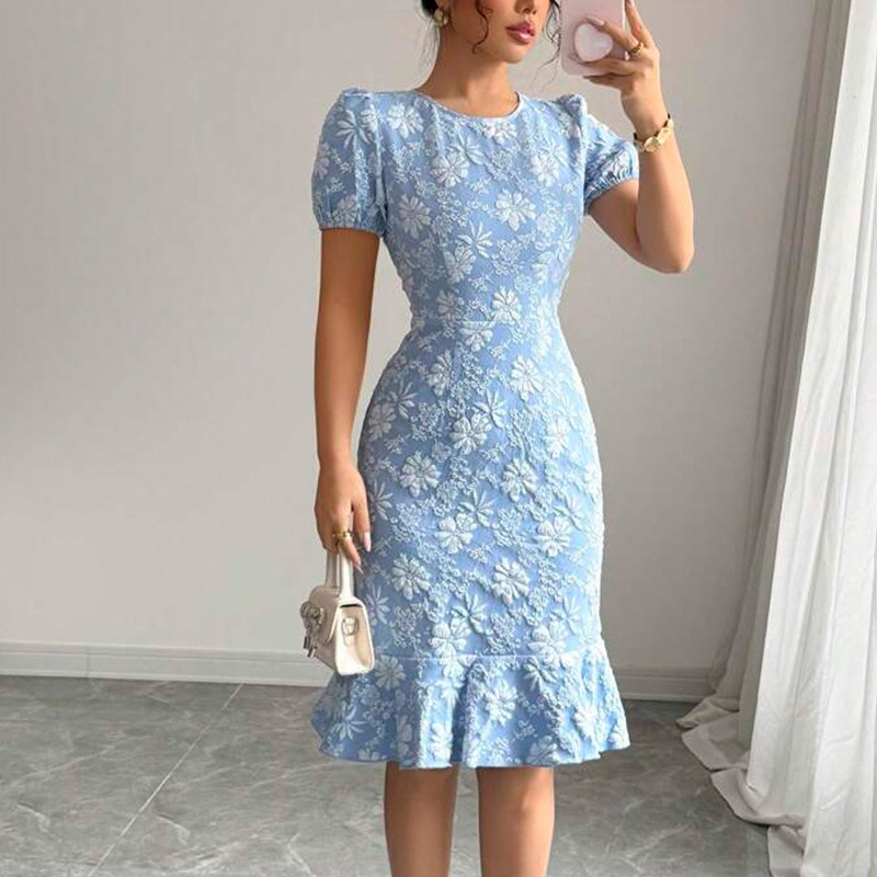 Floral Pattern Round Neck Puff Sleeve Fitted Midi Dress