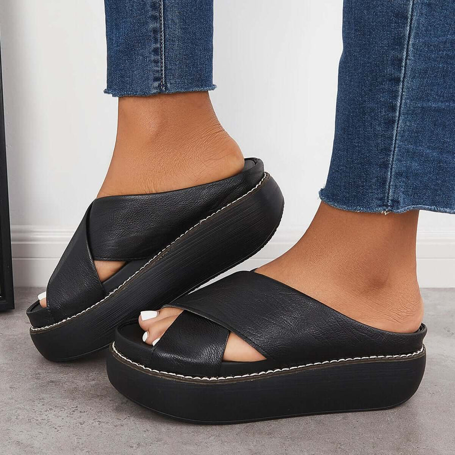 Platform Criss Cross Slides Slip on Arch Support Sandals