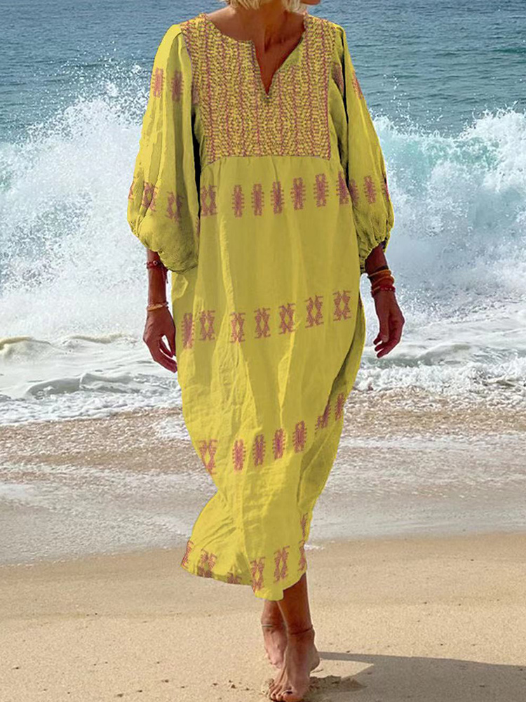 Vacation Contrast Cotton Linen Beach Style  Dress