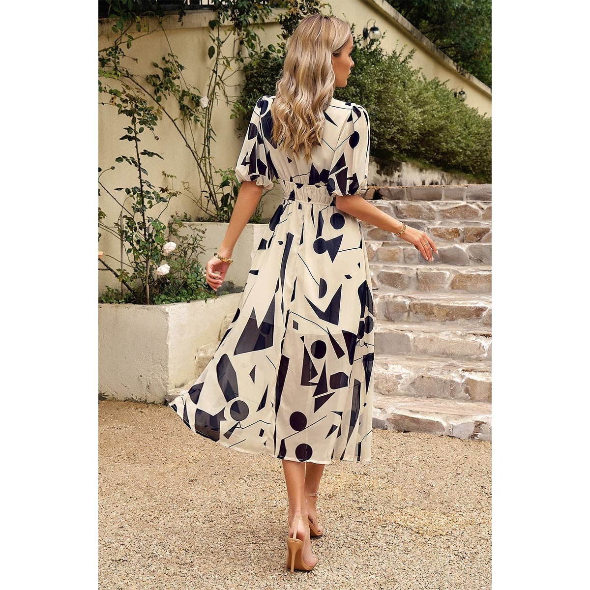 Allover Print Deep V Wide Self Belt Puff Sleeves Lined Dress