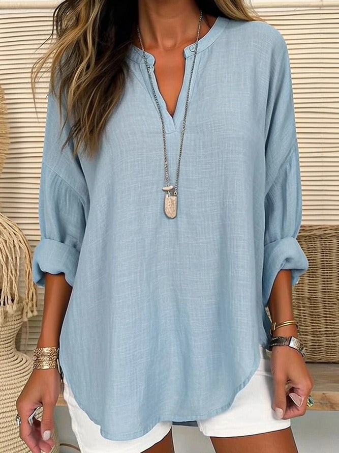 Blue Linen Long Sleeve Casual V Neck Top