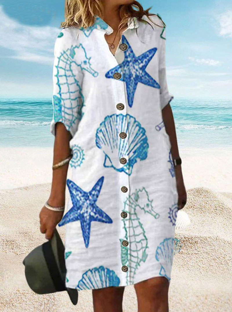 A-Line Turtle Ocean Sea Star  Printed Buttoned  Dress