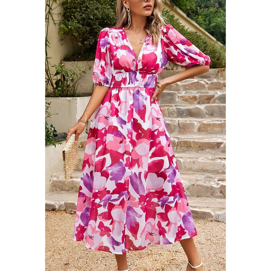 Allover Print Deep V Wide Self Belt Puff Sleeves Lined Dress