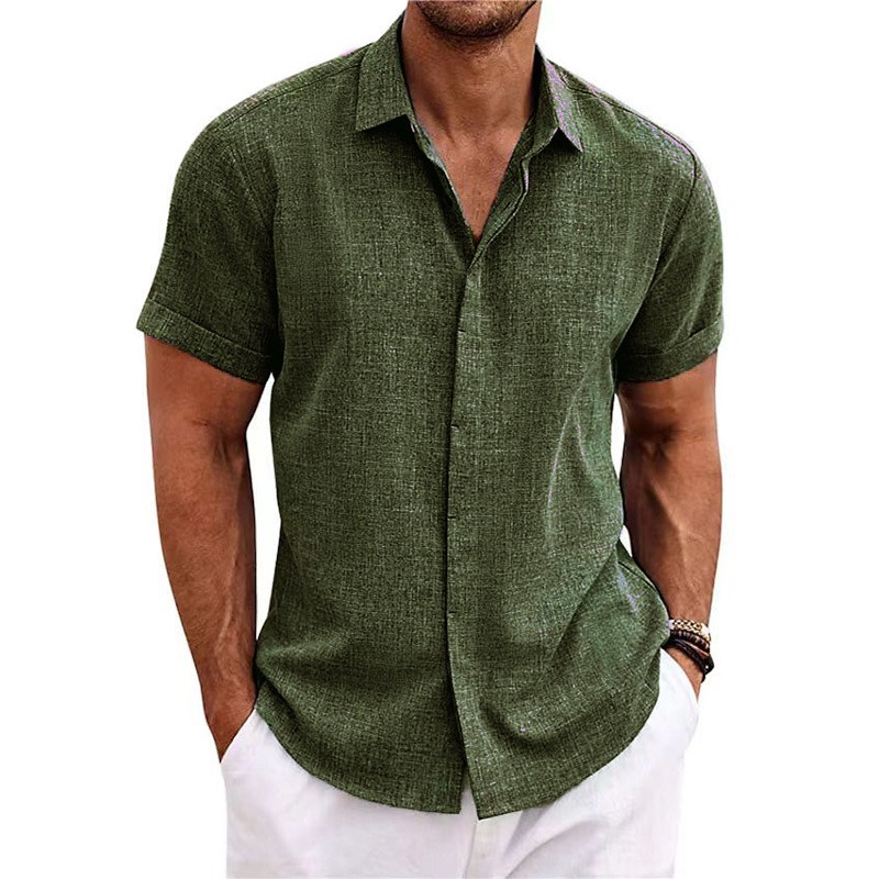 Men's Solid Color Lapel Cotton Linen Short Sleeve Shirt