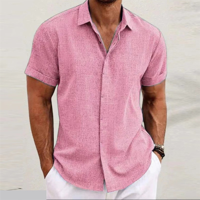 Men's Solid Color Lapel Cotton Linen Short Sleeve Shirt