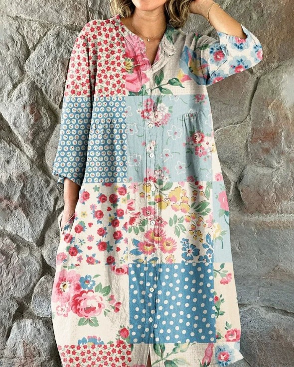 Women's Elegant Vintage Floral Print Shirt Style Cotton and Linen Dress