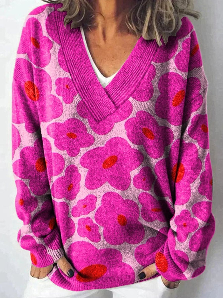 Women's Vintage Art Print Knitted V-Neck Sweater