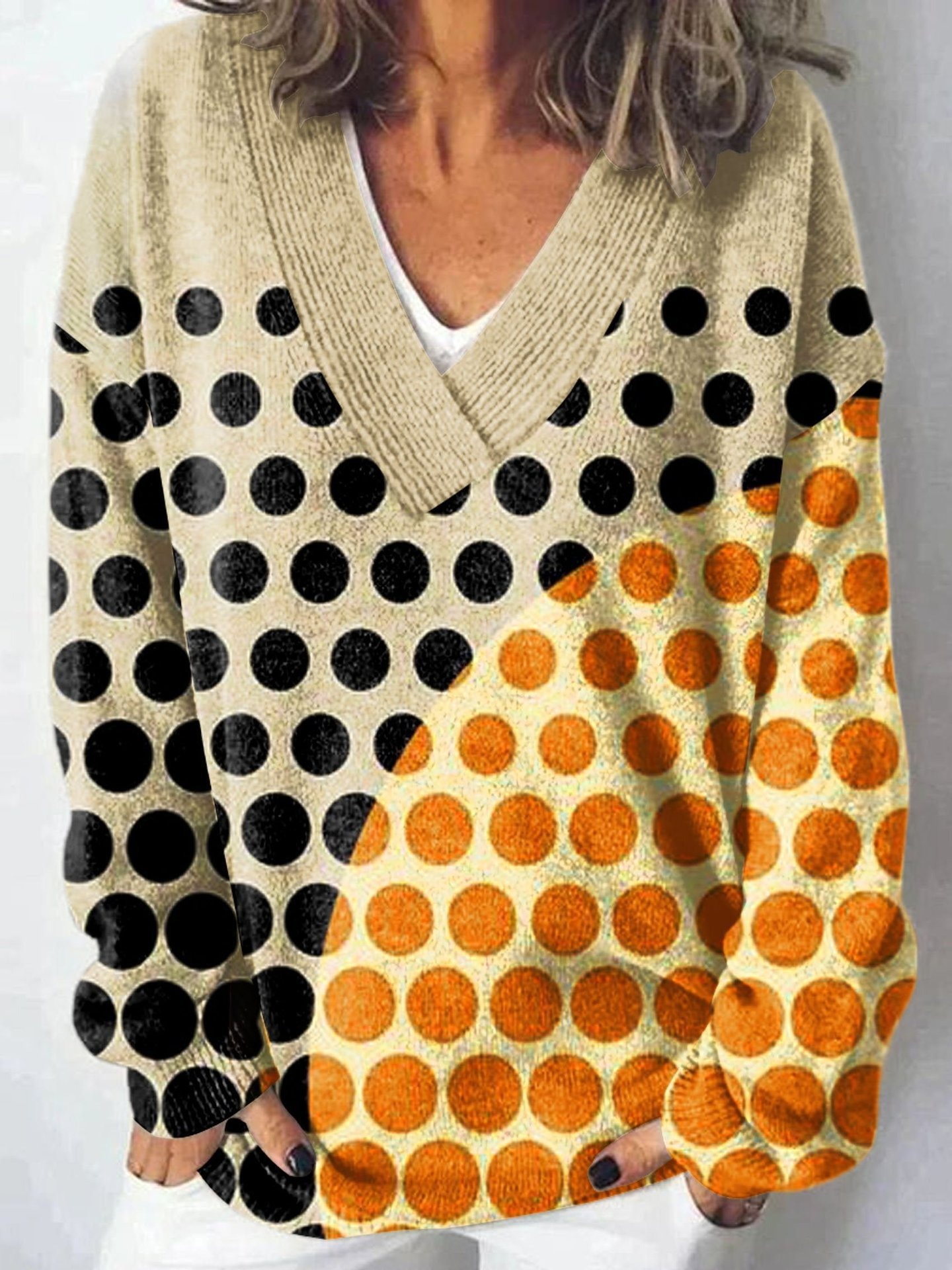 Women's Vintage Art Print Knitted V-Neck Sweater