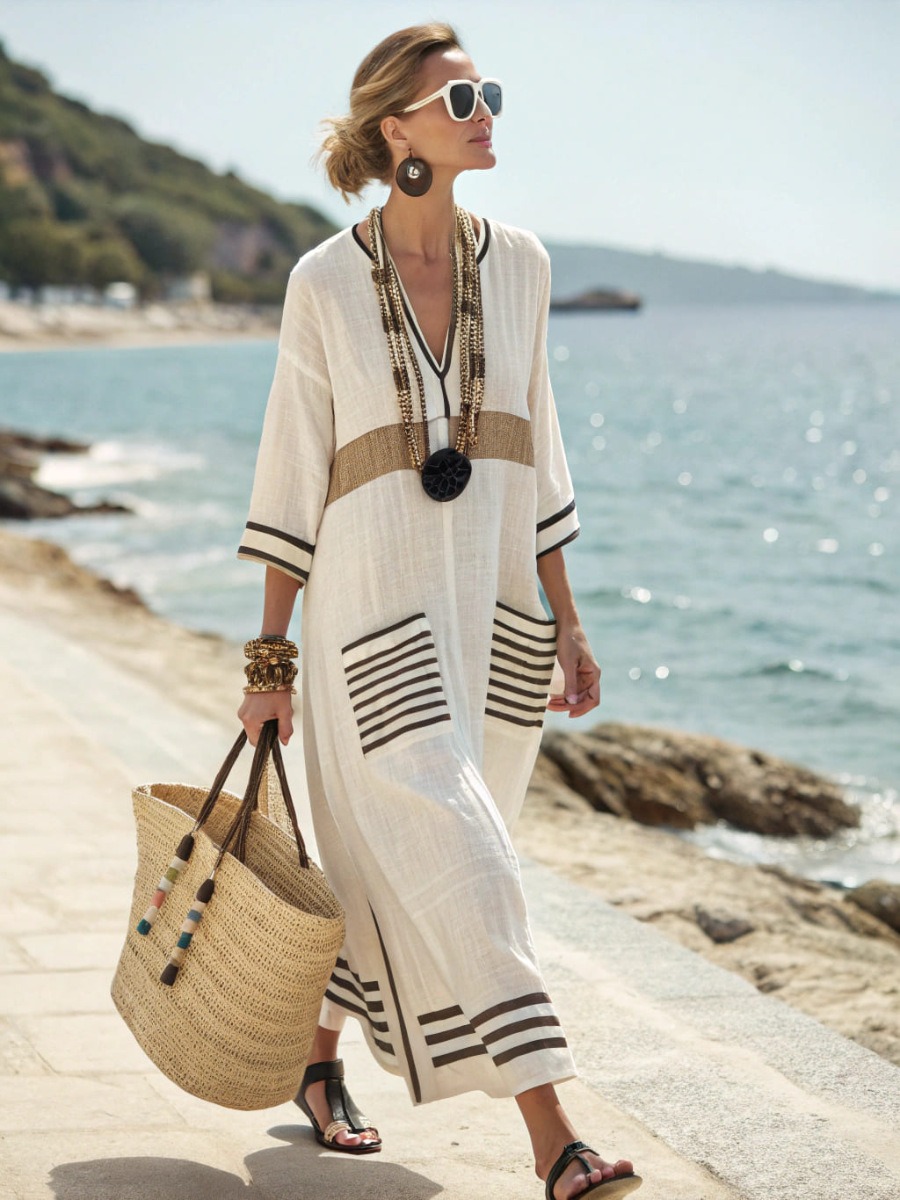 Women's Cotton&Linen V-Neck Striped Dress