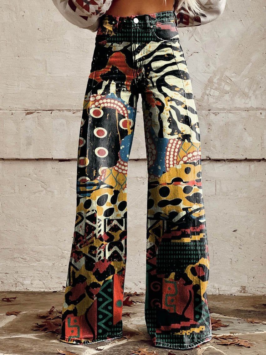 Women Artist Vintage Print Casual Wide Leg Pants