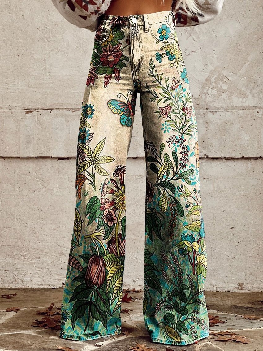 Bright Color Vintage Print Casual Wide Leg Pants