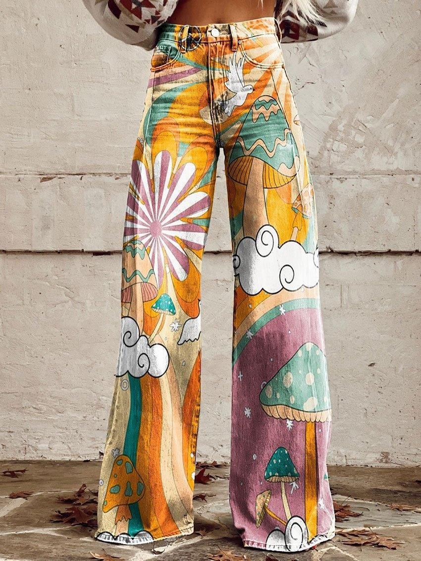 Bright Color Vintage Print Casual Wide Leg Pants