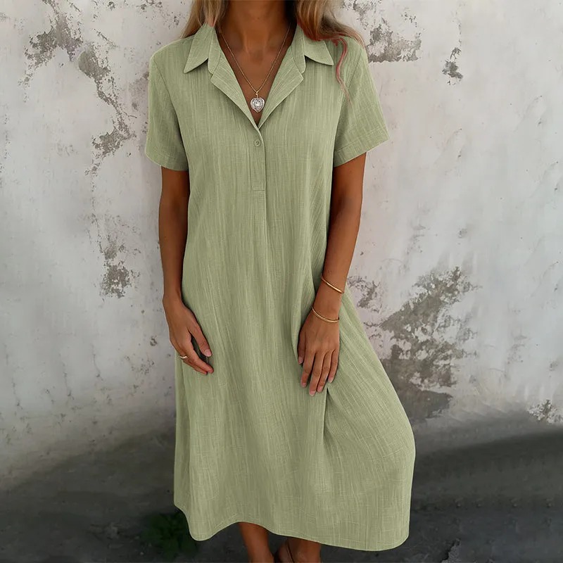Casual loose V-neck solid color cotton and linen short-sleeve shirt dress