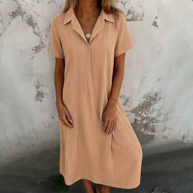 Casual loose V-neck solid color cotton and linen short-sleeve shirt dress