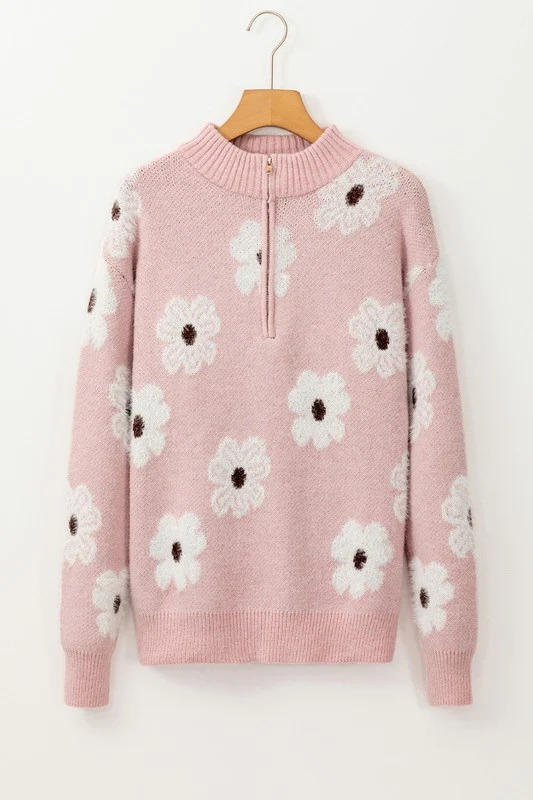 Vintage 60s Floral Pattern Half Zip Collar Sweater