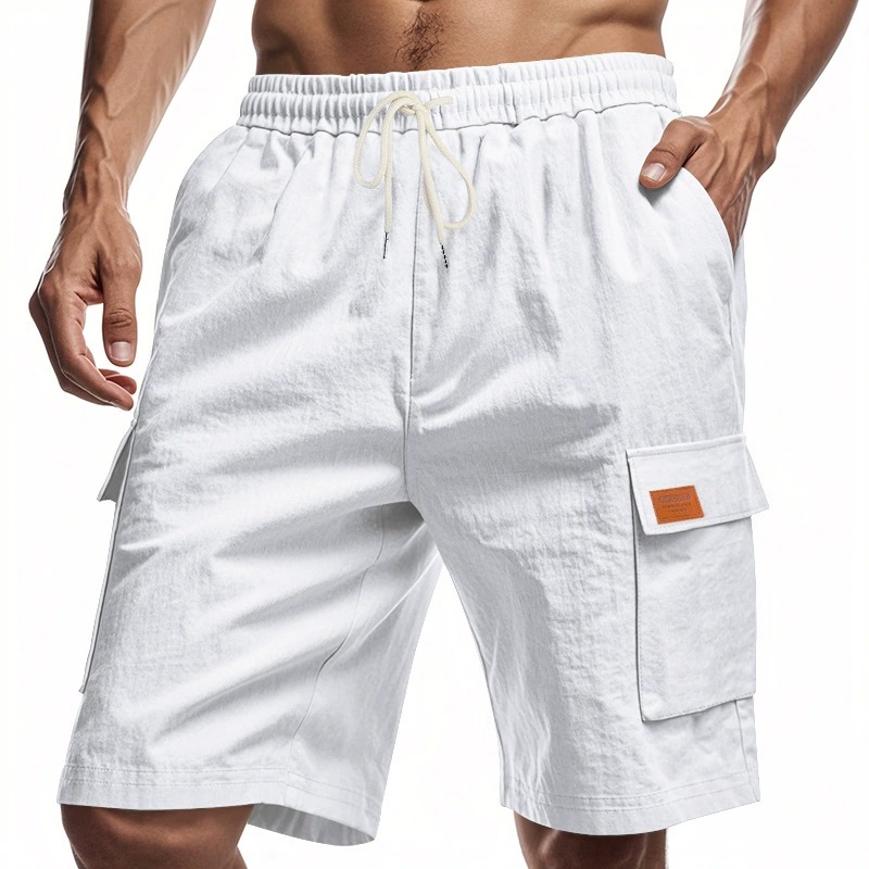 Men's American style multi-pocket loose solid color linen work shorts
