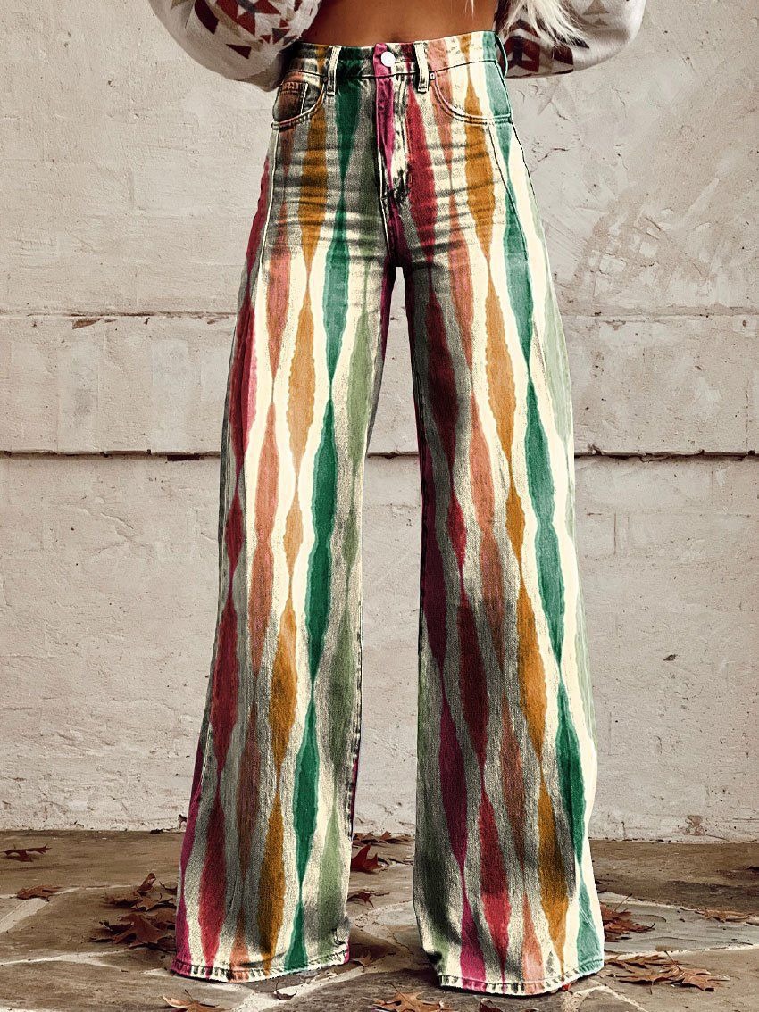 Bright Color Vintage Print Casual Wide Leg Pants