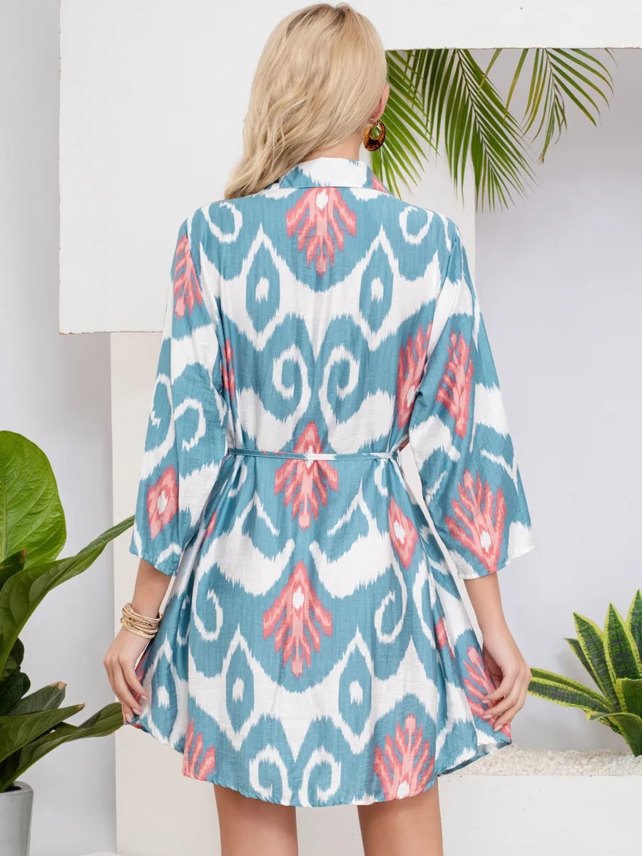 2025 new beach sun-protective cardigan printed cinched-waist bikini swimsuit jacket