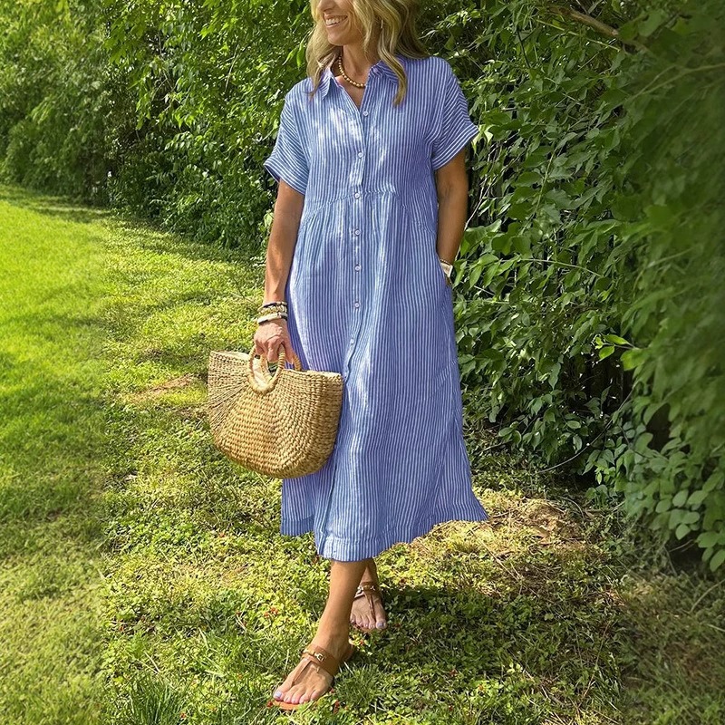 Classical Cotton and Linen Striped Dress