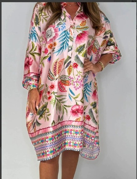 Floral Print Long Sleeve Lapel Loose Mini Dress