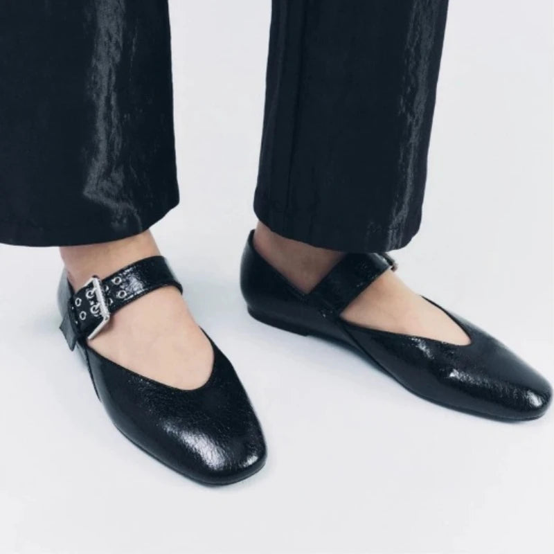Cloth Square-Toe Wide Strap With Buckle Mary Janes Ballet Flats